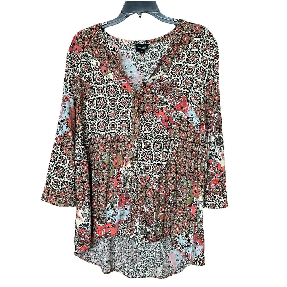 Jones & Co Jones New York Women Blouse 1X Button Floral Patchwork Boho Folk
